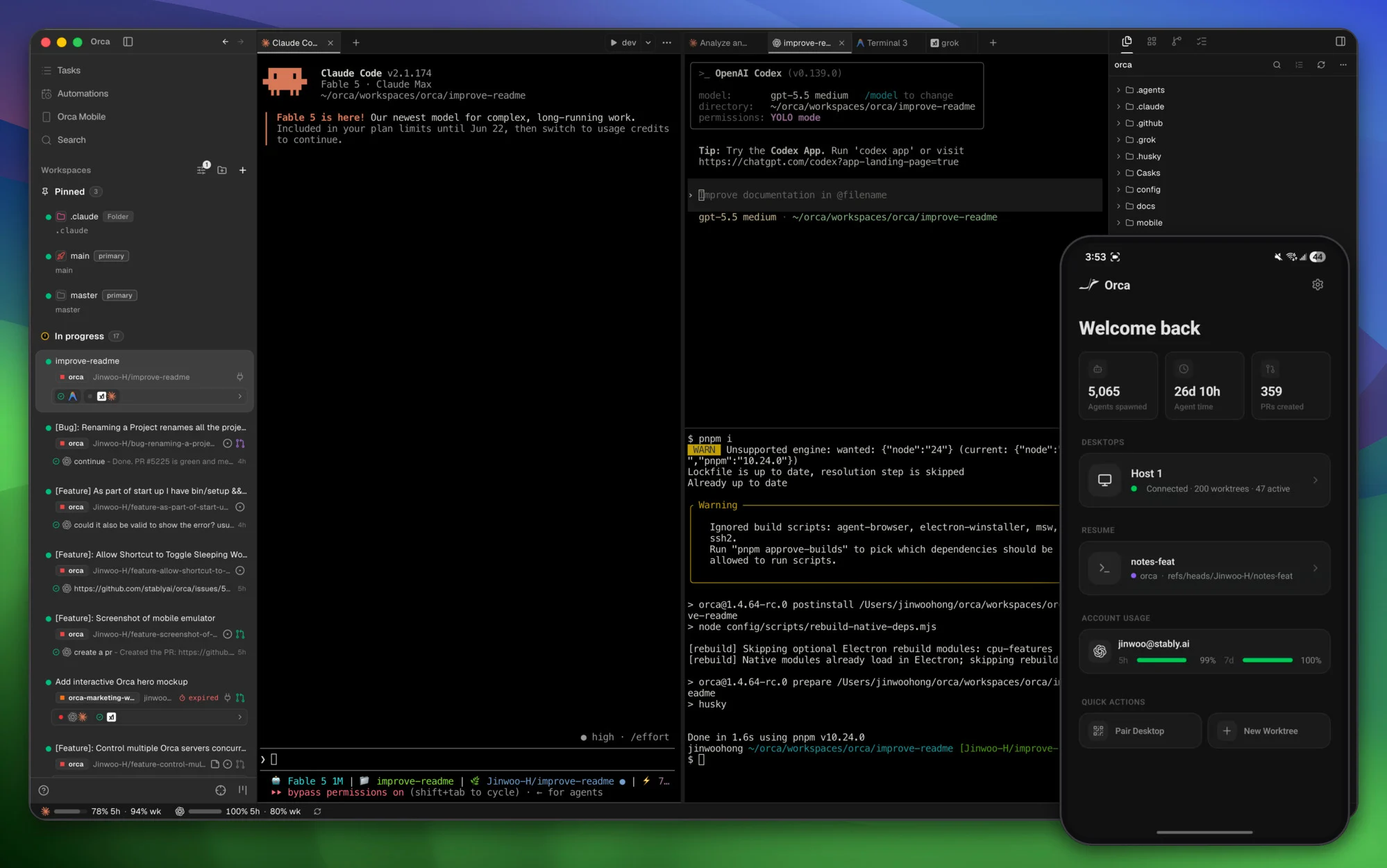 Orca 桌面端与移动端并行智能体编排工作台展示